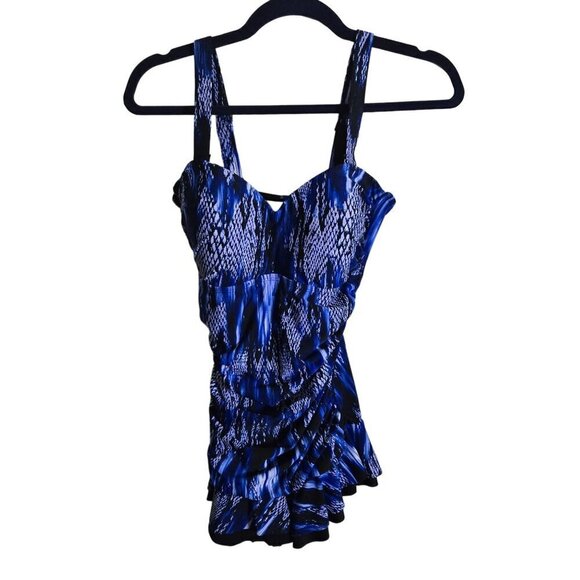 Mazu Swim Shirred One Piece Skater Swim Dress Blue Black Snake Print Size 8 - Picture 1 of 12